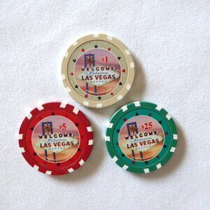 VINTAGE NEW WELCOME FABULOUS LAS VEGAS HEAVY CLAY POKER CHIP COLLECTION $1 5 25